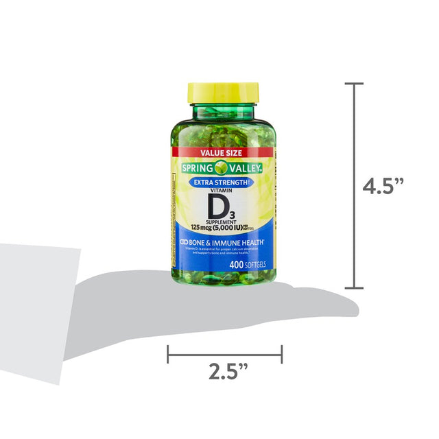 Spring Valley Vitamin D3 Softgels, 125 Mcg per Softgel, 5,000 IU, 400 Count