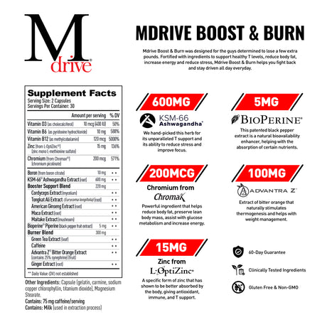 Mdrive Boost and Burn Testosterone Booster and Fat Burner for Men, Natural Energy, Strength, Stress Relief, Lean Muscle with Zinc, KSM-66 Ashwagandha, Cordyceps, Advantra Z, Chromax, 60 Capsules