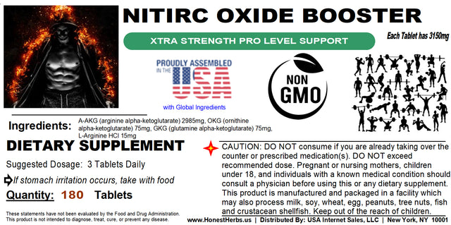 Nitric Oxide Level Support Booster - Pro Xtra Strength Muscle Pump - L-Arginine, AAKG 3150Mg Non GMO 180 Tabs