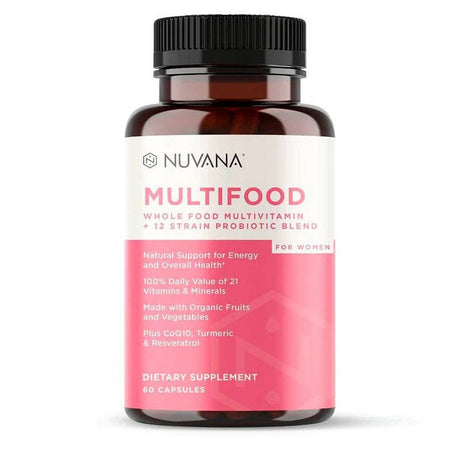 Nuvana Multifood-Women | Whole Food Multivitamin for Women with Probiotics, Organic Fruits & Vegetables, Iron, Coq10, Turmeric, Resveratrol & Prebiotic Fiber