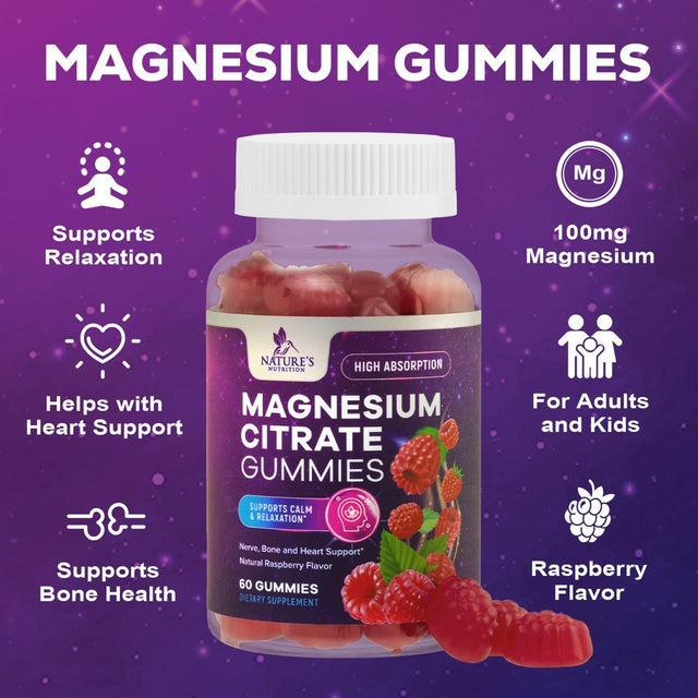 Magnesium Citrate Gummies - Magnesium Supplement for Adults & Kids - Supports Calm Magnesium Gummy Dietary Supplements for Muscle, Nerve, Bone & Heart Support - 60 Non-Gmo Raspberry Magnesium Gummies