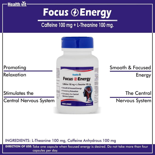 Healthvit Focus & Energy Caffeine 100 Mg + L-Theanine 100 Mg 60 Capsules