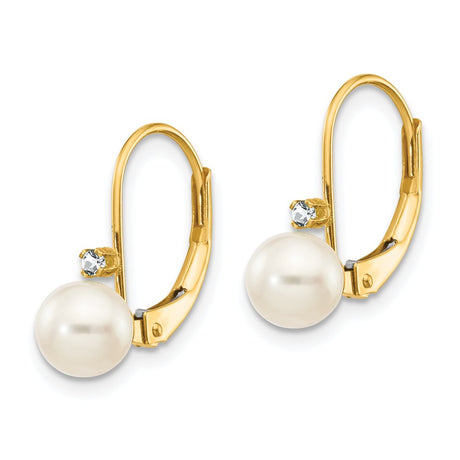 14K 5-6Mm White round FW Cultured Pearl AA Diamond Leverback Earrings XLB50PL/AA