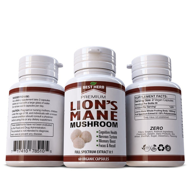 Premium Lion'S Mane Mushroom 1000Mg Herbal Supplement 60 Capsule Pills