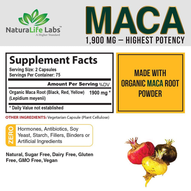 Organic Maca Root Black, Red, Yellow 1900 MG per Serving - 150 Vegan Capsules Peruvian Maca Root Gelatinized 100% Pure Non-Gmo Supports Reproductive Health Natural Energizer