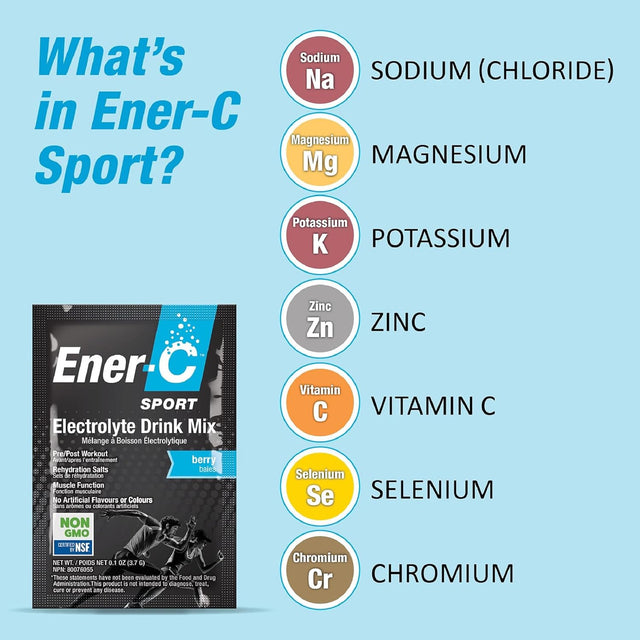 Ener-C Sport Electrolyte Hydration Drink Mix Powder Vitamin C Magnesium Zinc & Electrolytes Support Muscle Recovery, Energy & Immunity - Caffeine Free Low Sugar Vegan Mixed Berry - 45 Servings