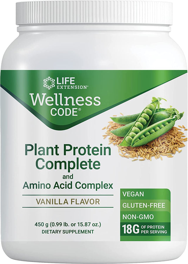 Life Extension Wellness Code Organic Plant Protein Complete & Amino Acid Complex - Vanilla Plant Based Pea Vegan Protein Powder Fitness Supplements- Gluten-Free, Non-Gmo - 450 Grams (30 Servings)