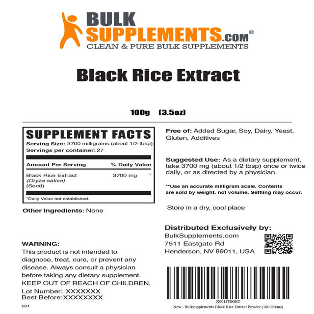 Bulksupplements.Com Black Rice Extract Powder, 3700Mg - Natural Fiber Supplement for Heart & Vision Support (100G - 27 Serv)