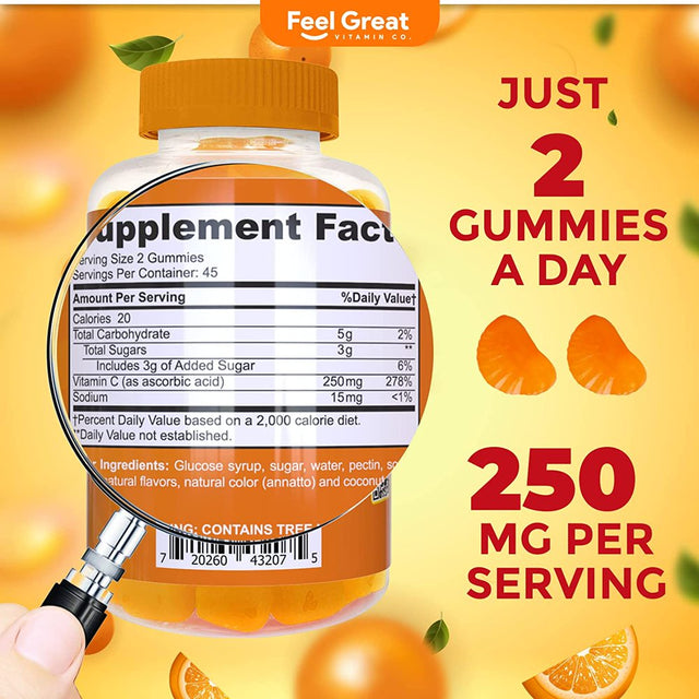 Kids Vitamin C Gummies | Chewable Vitamin C for Immune Defense | Plant-Based, Gluten Free, Non-Gmo | Vegan Vitamin C 250 Mg | 90 Gummies | Vitamins for Kids by Feel Great Vitamin Co.