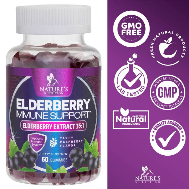 Nature’S Sambucus Elderberry Gummies, Immune Support for Kids and Adults, Max 35:1 Extract, Equivalent to 4200Mg of Elderberries, Black Elderberry Vitamin Supplement, Vegan, Non-Gmo - 60 Gummies