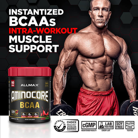 ALLMAX AMINOCORE BCAA, Watermelon - 315 G Powder - 8.18 Grams of Bcaas per Serving - with B Vitamins - No Fillers or Non-Bcaa Aminos - Sugar Free - 30 Servings