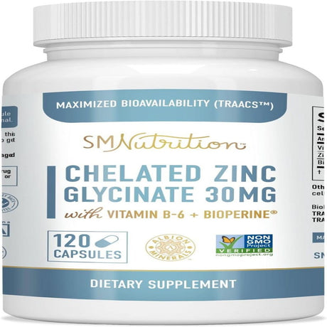 Smnutrition Zinc Supplement 30 Mg | Chelated Zinc 30Mg for Colds | Highly-Absorbable Zinc Pills for Immune System & Skin Health, 120Ct