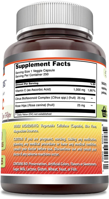 Amazing Formulas Vitamin C (Ascorbic Acid) - 1000Mg with Rose Hips & Citrus Bioflavonoids 250 Veggie Capsules - Non-Gmo, Gluten Free