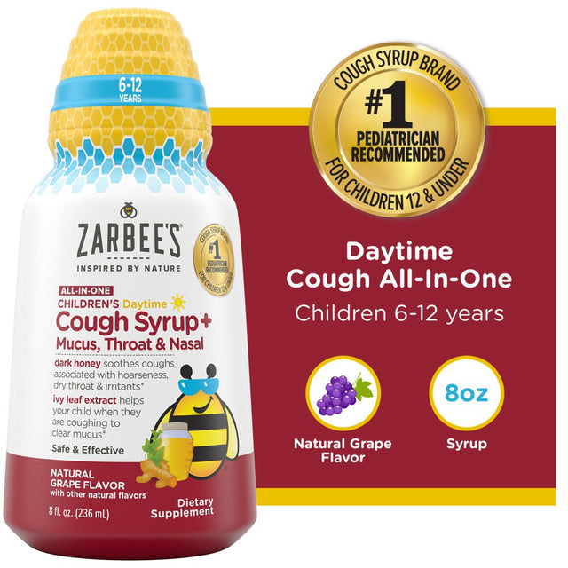 Zarbee’S Kids All-In-One Daytime Cough, Age 6-12, Honey, Turmeric, B3,6,12 & Zinc, Grape, 8FL Oz