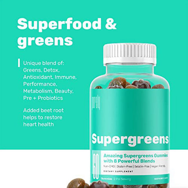 Supergreens Gummies - 8 Greens Blend - Promotes Immunity, Detox, and Metabolism - Daily Greens Beetroot, Spirulina, Chlorella, Mushrooms, Pre & Probiotics – Non-Gmo – Vegan Friendly – 60 Gummies