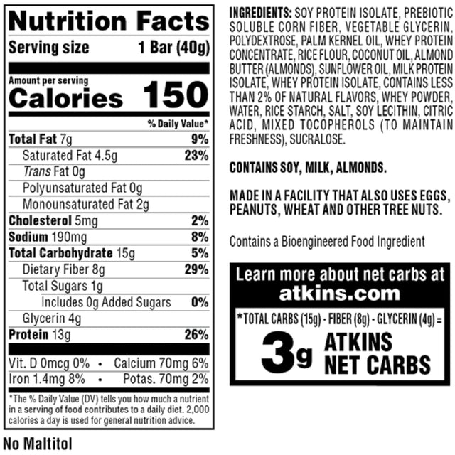 Atkins Lemon Snack Bar, Made with Real Almond Butter, 1G Sugar, Gluten Free, High in Fiber, Keto Friendly, 8 Count