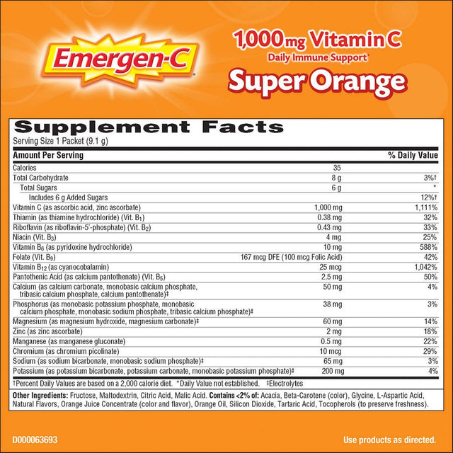 Emergen-C Vitamin C 1,000 Mg. Super Orange Flavor Drink Mix, 90 Packets