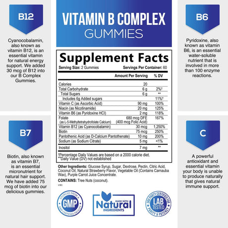 Super B Complex Gummies with Vitamin C & Folic Acid, Extra Strength Vitamin B Gummy Supplement with Niacin, B6, Folic Acid, B12, Biotin, Nature'S Energy Immune Support Supplements - 120 Gummies