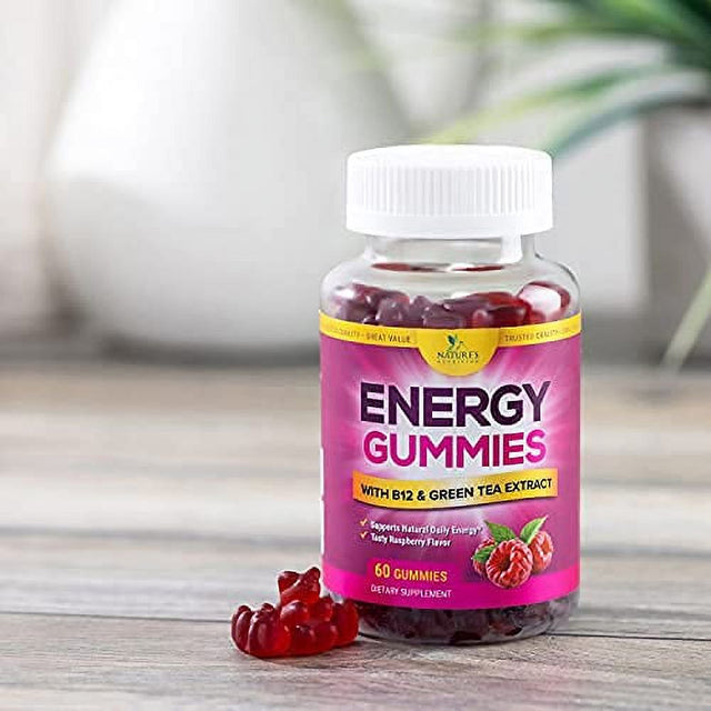 Energy Gummies Vitamin B12, Green Tea and Guarana Extract, Daily Energy Vitamin Supplement, Delicious Raspberry Flavor Gummy Chewable Supplement for Men and Women, Non-Gmo and Vegan - 60 Gummies