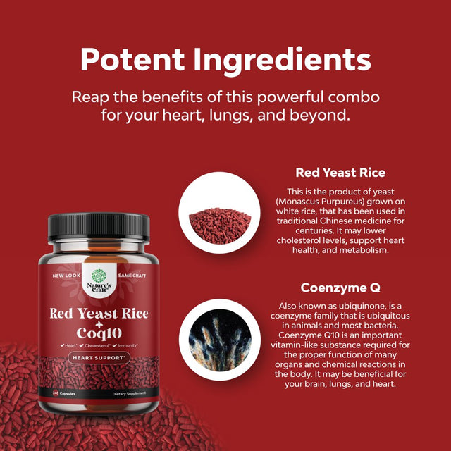 Red Yeast Rice with Coq10 Supplement for High Cholesterol - Extra Strength Citrinin-Free Red Yeast Rice 1200 Mg per Serving Capsules with Coq10 100Mg per Serving - Supplement for Heart Health