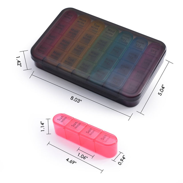 Greencycle Weekly Pill Organizer, 7 Day / 4 Times a Day Large Pill Cases Moisture-Proof Pill Box AM PM Medicine Organizer to Hold Vitamins Fish Oil Compartments Supplements (Rainbow)