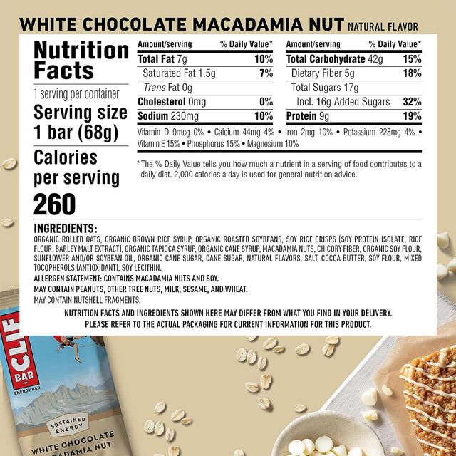 CLIF BAR - White Chocolate Macadamia Nut Flavor - Made with Organic Oats - 9G Protein - Non-Gmo - Plant Based - Energy Bars - 2.4 Oz. (18 Pack)