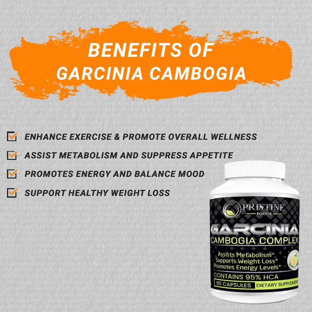 Pristine Foods Pure Garcinia Cambogia Complex 95% HCA Natural Weight Loss Pills, Appetite Suppressant, Non-Stimulant Diet Supplements for Men & Women - 60 Capsules.