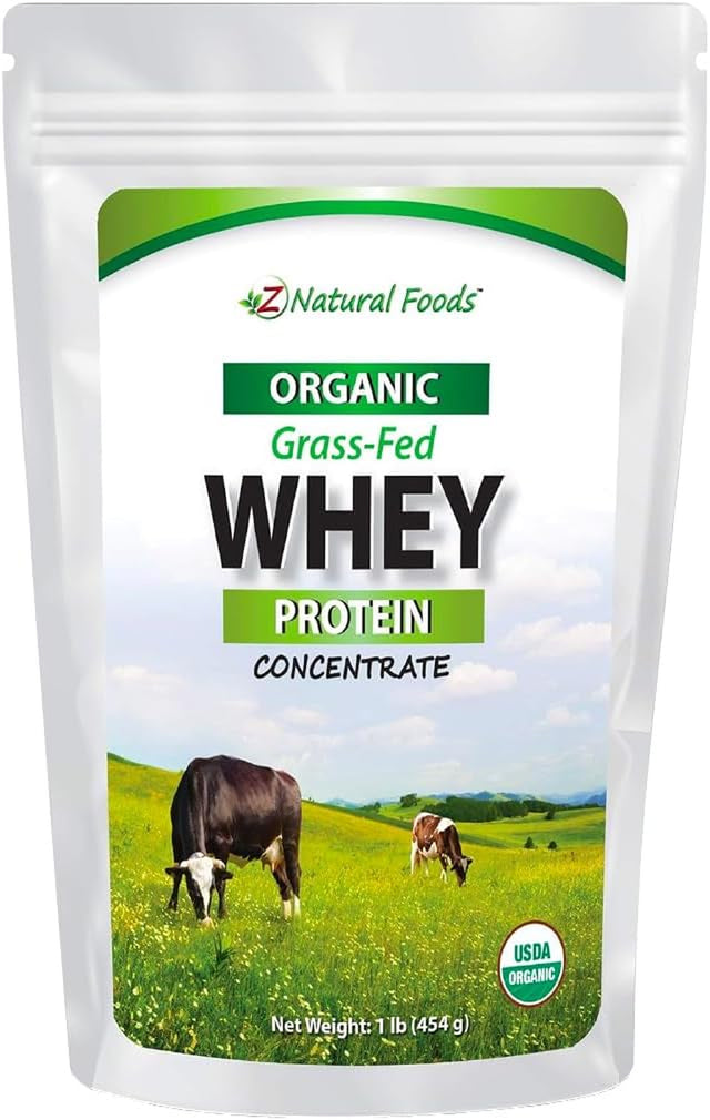 Z Natural Foods Organic Grass-Fed Whey Protein Powder, Nutrient Rich, Unflavoured & Hormone Free Protein Powder, Great in Shakes, Smoothies, Paleo, & Keto Drinks, Gluten Free, Non-Gmo, 1 Lb