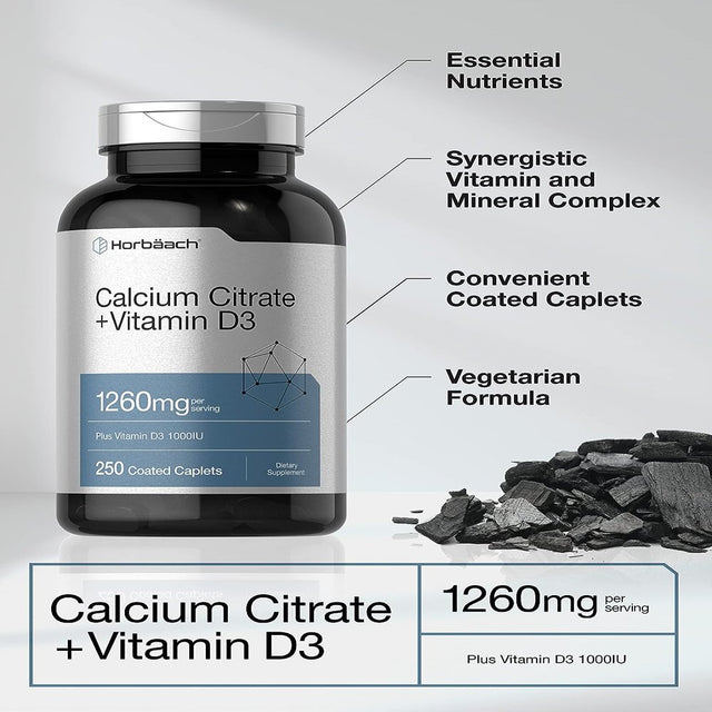 Calcium Citrate 1260 Mg & D3 1000IU | 250 Caplets | Vegetarian Formula | by Horbaach