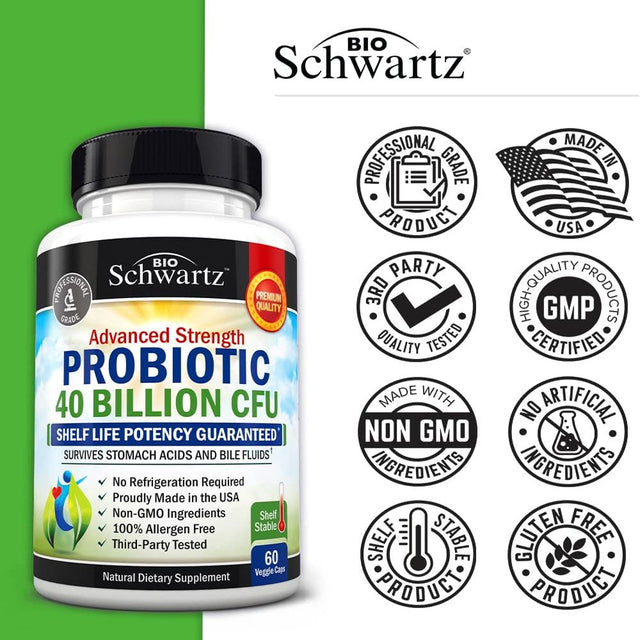 Bioschwartz Probiotic 40 Billion CFU - Probiotics for Women and Men with Prebiotics, Lactobacillus Acidophilus, Astragalus for Gut Health, Digestive Relief - Shelf Stable Supplement, N