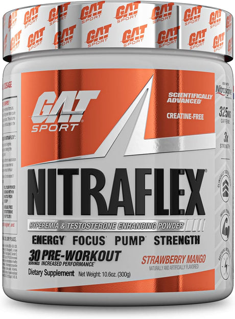 GAT SPORT Nitraflex Advanced Pre-Workout Powder, Increases Blood Flow, Boosts Strength and Energy, Improves Exercise Performance, Creatine-Free (Strawberry Mango, 30 Servings)