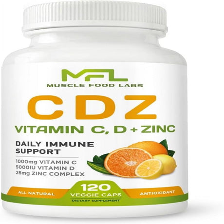 MUSCLE FOOD LABS , C D Z , Vitamin C, 1000Mg , Vitamin D3, 125Mcg , Zinc, 25Mg , Non-Gmo & Gluten Free , 120 Vegetarian Capsules ,120 Servings