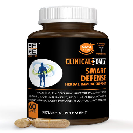 CLINICAL DAILY Smart Defense Herbal Immune Support Supplement. Immunity Vitamins for Women and Men, Vitamin C, E, Selenium, 22 in 1 Herbs plus Mushroom Complex. Graviola, Garlic, Lycopene. 60 Capsules