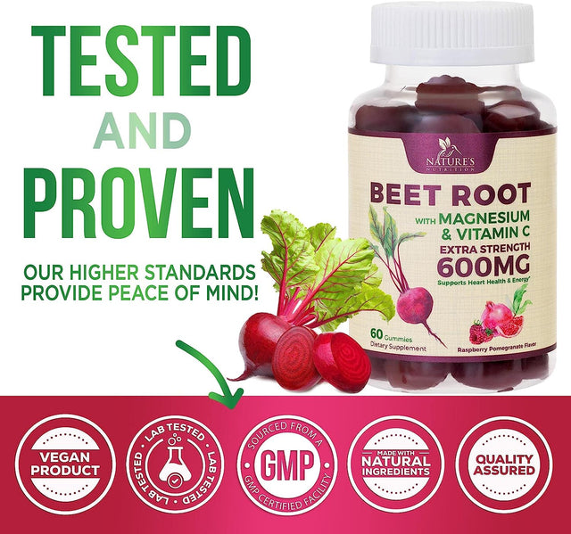 Nature'S Nutrition Beet Chews Gummies with Beetroot - Energy & Heart Health Support, Natural Nitric Oxide Production Support, Superfood Beets Soft Chews Gummy Supplement - 60 Count Beet Root Gummies