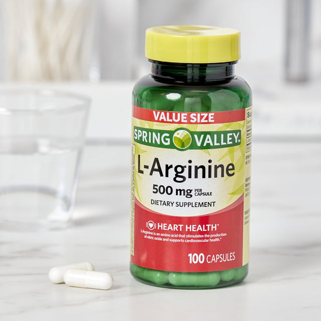 Spring Valley L-Arginine Amino Acid Heart Health Supplement Capsules, 500Mg, Value Size, 100 Count