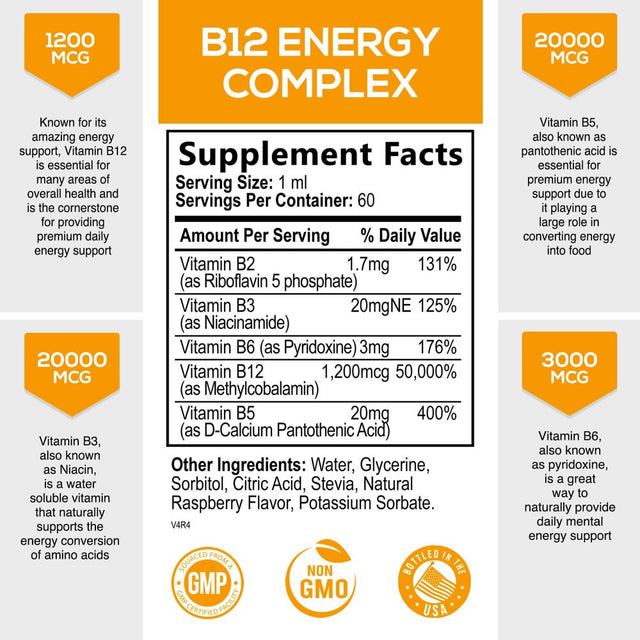 Vitamin B12 Energy Drops 1200 Mcg - Extra Strength Vitamin B-12 Dietary Supplement for Energy, Liquid Methylcobalamin B12 Vitamins for Adults, Gluten-Free Vitamin B 12 over 1000 Mcg - 2 Fl Oz