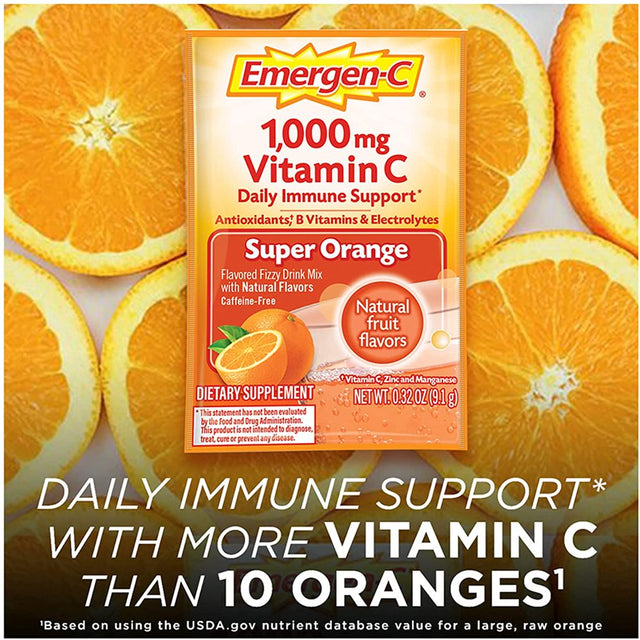 Emergen-C 1000Mg Vitamin C Powder, with Antioxidants, B Vitamins and Electrolytes, Vitamin C Supplements for Immune Support, Caffeine Free Fizzy Drink Mix, Super Orange Flavor - 60 Count