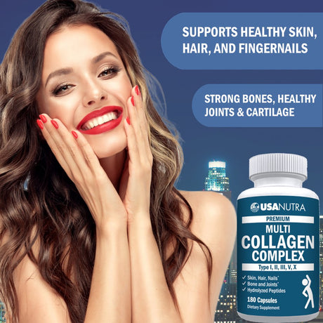 Multi Collagen Capsules 180 Ct for Skin Hair Nails Joints Made in the USA