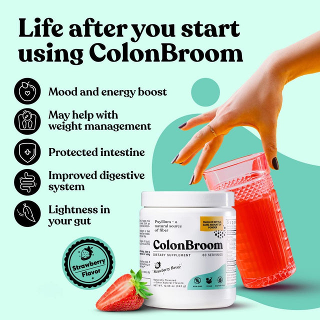 Colonbroom Psyllium Husk Powder Colon Cleanser, Strawberry, 60 Servings