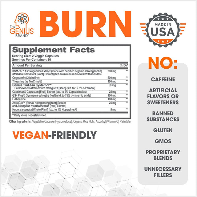 Fat Burner Supplement with Ashwagandha & Teacrine Appetite Suppressant Thermogenic for Weight Loss & Energy Support, Genius Burner by the Genius Brand