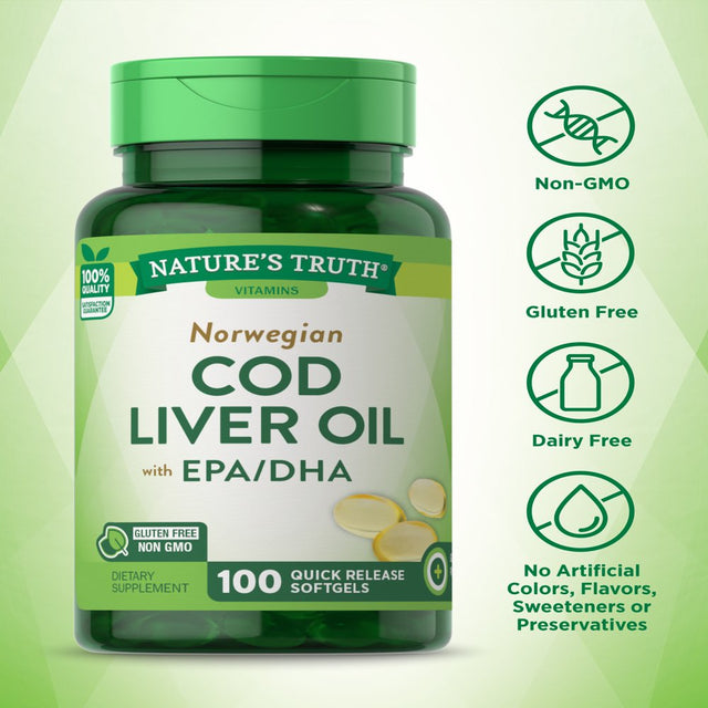 Norwegian Cod Liver Oil Capsules | 100 Softgels with EPA / DHA | Non-Gmo, Gluten Free | by Nature'S Truth