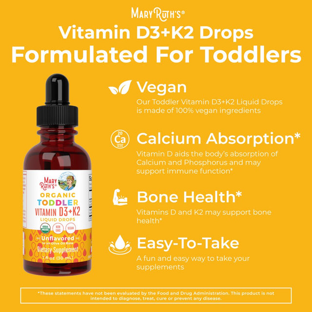 Maryruth Organics | Vitamin D3+K2 Liquid Drops | Unflavored | Non-Gmo, Vegan, Plant-Based | 1 Fl Oz | Unisex | Overall Wellness |