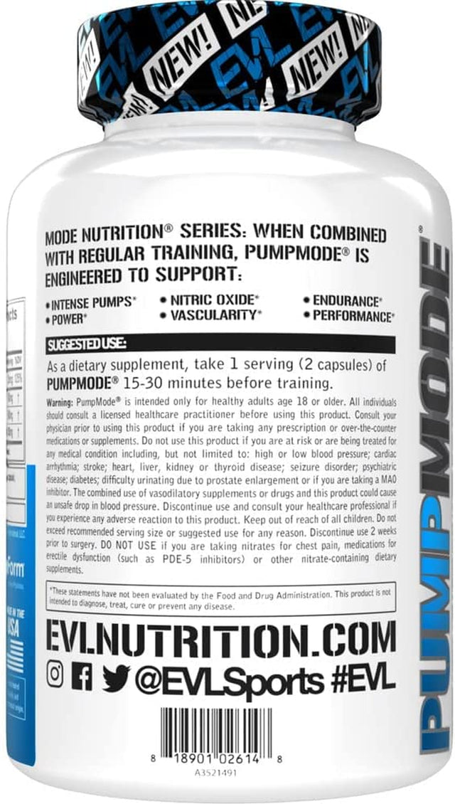 Evlution Pumpmode Nitric Oxide Pills for Men Nutrition Nitric Oxide Supplement with Arginine Betaine and Citrulline for Maximum Pumps and Performance - Vegan Stim Free Pre Workout Supplement