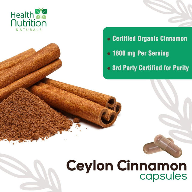 Pure Ceylon Cinnamon Capsules - Certified Organic Cinnamon Pills, Non-Gmo, Dairy & Gluten Free, Sri Lanka Cinnamon Supplements, Vegan True Cinnamomum Vitamins, Sugar Free, 120 Count Cinnamon Capsules