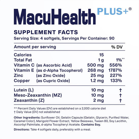 Macuhealth Plus+ Vitamins for Adults - Total Vision Care with AREDS2 Based Formula, Lutein, Zeaxanthin & Meso-Zeaxanthin, Total Vision Care, Vision Vitamins - 90 Days Supply