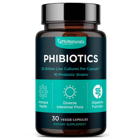 Probiotics 1030 Supplement - Probiotics Supplement with 30 Billion Cfus of High Strength Probiotic for Digestive Health with 10 Strains of Acidophilus and Bifidobacterium by Phi Naturals