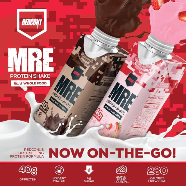 REDCON1 MRE Ready to Drink Protein Shakes, Strawberry Shortcake - 40Grams Protein Drinks with Whole Food Sources - Sugar Free RTD Shake Formulated to Fuel Athletes at Any Time (12 Pack)