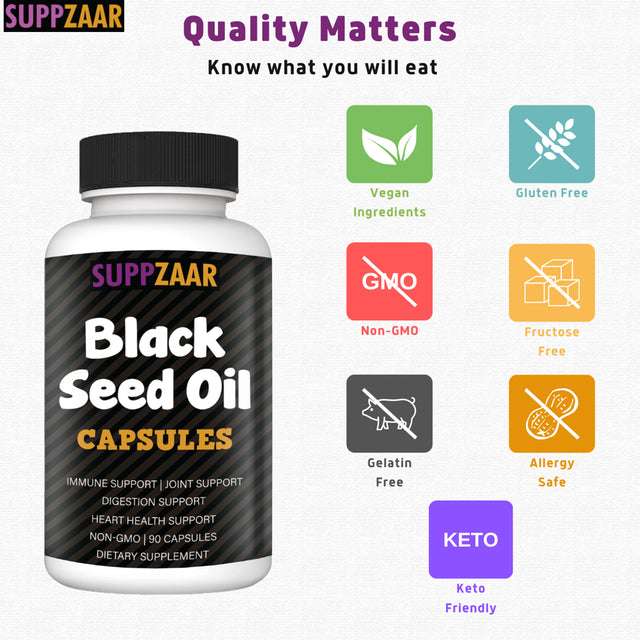 SUPPZAAR Vegan Black Seed Oil Capsules 1000Mg. Cold-Pressed Nigella Sativa Black Cumin Seed Oil