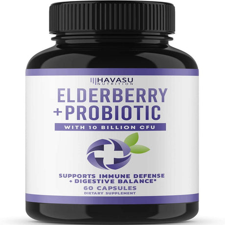 Havasu Nutrition Elderberry and Probiotics 10 Billion CFU; Approved Immune and Digestive Balance Probiotics for Women & Men; 60 Vegetarian Capsules with 4 Strains