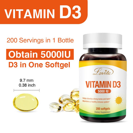 Lovita Vitamin D3 5000 IU to Boost Immune Support, Help Calcium Absorption, Support Healthy Teeth, Bone & Brain Development, 200 Softgel of Vitamin D3 Supplements for 200 Days Supply